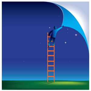 Drawing of man on a ladder peeling back the sky